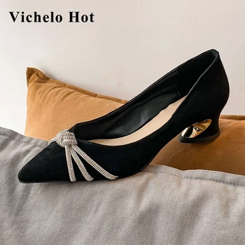Vichelo Hot nye onlinestar får ruskind spids tå med hæl specielle design rhinestone knude smukke piger, dating kvinder, der pumper L01