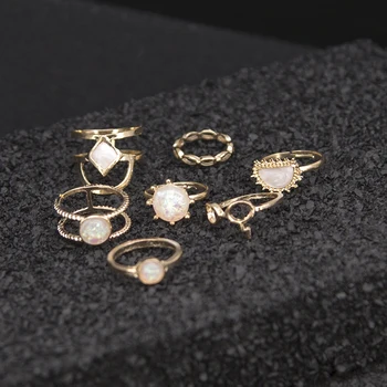 Vintage Geometriske Sten Opal Ringe Sæt til Kvinder Boheme Antik Guld Farve Kno Skjold Ringe Fashion Party Smykker 7 Stykker