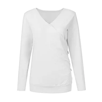 Womens V-Neck langærmet T-Shirt Casual Basic Toppe Bluse Efterår og vinter fashion ladies casual solid farve base T-shirt