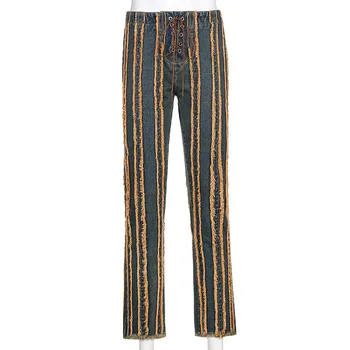 Y2k Mode-Jeans Kvinder Brun Pels Patchwork Denim Bukser Stribe Bandage Vintage Æstetiske 90'erne Streetwear Cargo Bukser Mødre Jeans