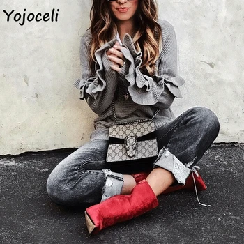 Yojoceli vinter rund hals flæsekanter strikket sweater streetwear strik pullover jumper kvindelige strikket toppe sweater kvinder