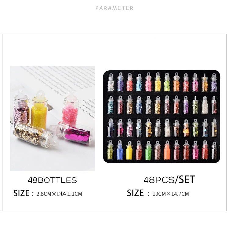 48 Flasker/Sæt Nail Art Pailletter Glitter Og Rhinestones Pulver Manicure Tips Polske Nail Stickers Blandet Design Cover Sæt