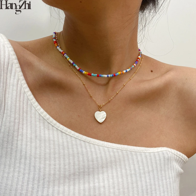 HangZhi 2020 Nye 2stk/sæt Rainbow Farverige Perler Halskæde Geometriske Hjerte Vedhæng Kravebenet Choker til Kvinder, Piger Smykker