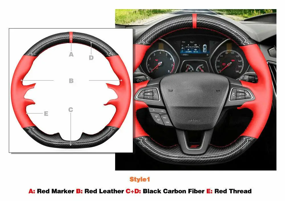 DIY Hånd-syet Carbon Fiber Rødt Læder Rattet Dække For Ford Focus Kuga Ecosport