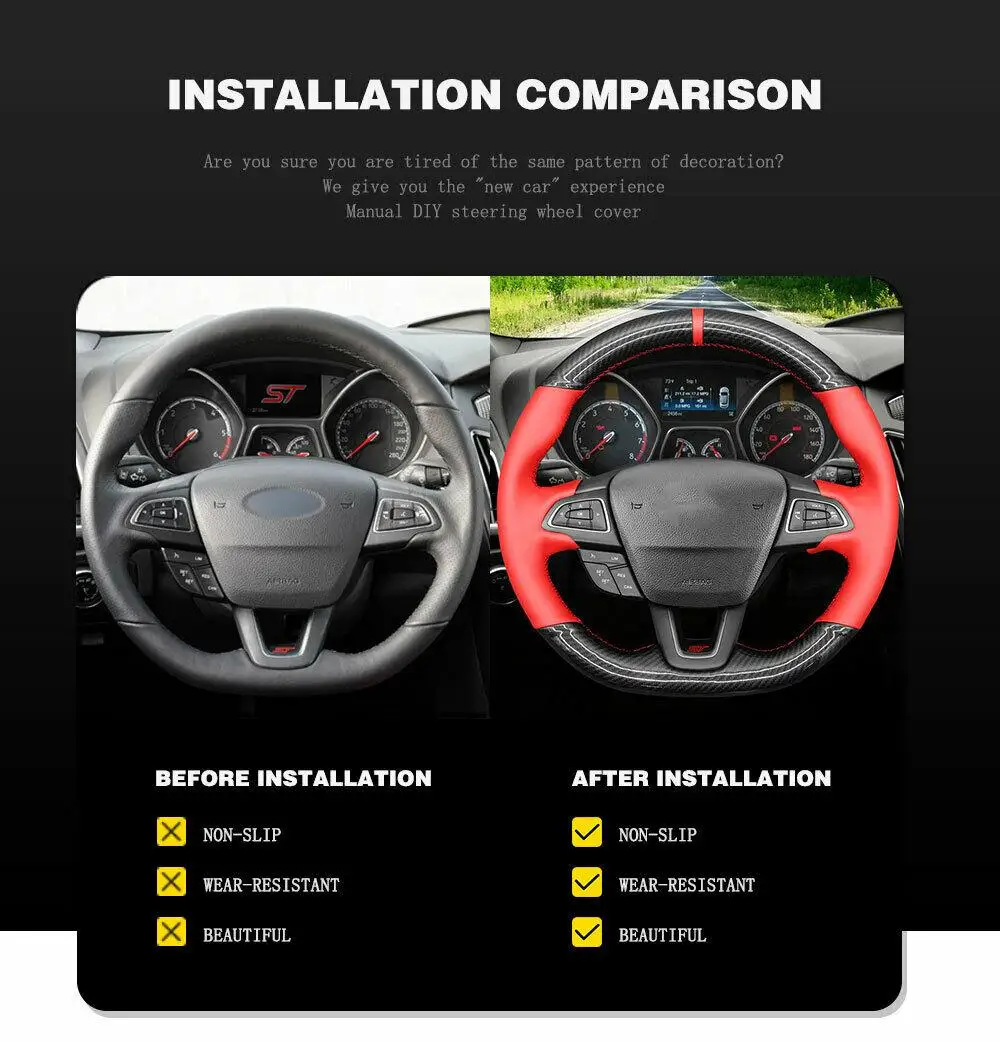 DIY Hånd-syet Carbon Fiber Rødt Læder Rattet Dække For Ford Focus Kuga Ecosport