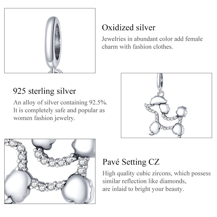 Bijoux 925 sterling sølv, med søde dyr Bamse Vedhæng med perler egnet til oprindelige pan armbånd damer DIY smykker