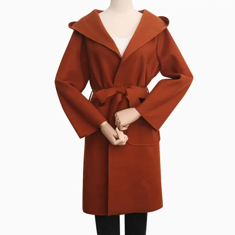 Nye 2019 kvinders frakker foråret efteråret hætteklædte jakker lang stil, herunder talje hætte, lange ærmer uld uld blandinger overtøj