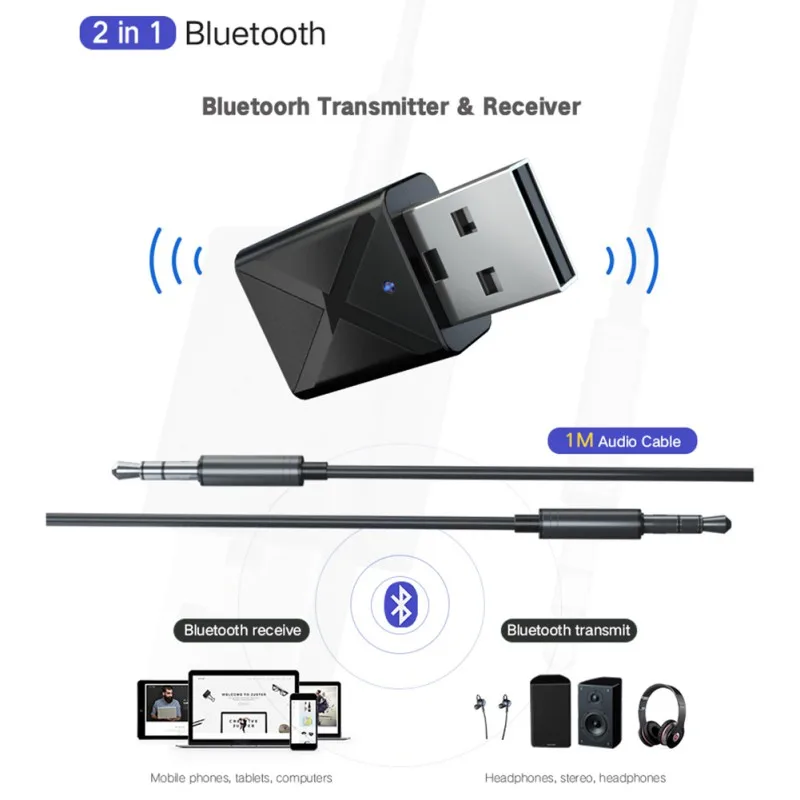 USB Bluetooth-Sender-Modtager 2-i-1 Wireless Audio Adapter Bluetooth-5.0-Modtageren Til TV, Computer, Bil SD