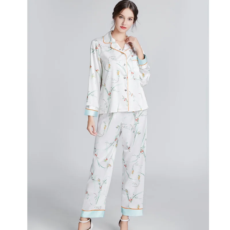 Foråret Efteråret Kvinders Pyjamas Nye Two-piece Satin Print Elegante Lange Ærmer, Lange Bukser Homewear Behagelig Afslappet Sæt Nattøj