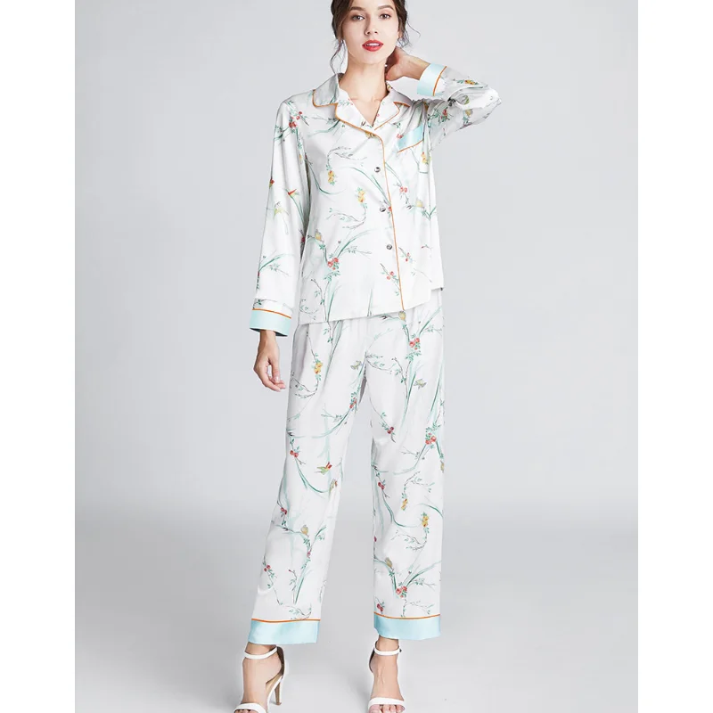 Foråret Efteråret Kvinders Pyjamas Nye Two-piece Satin Print Elegante Lange Ærmer, Lange Bukser Homewear Behagelig Afslappet Sæt Nattøj
