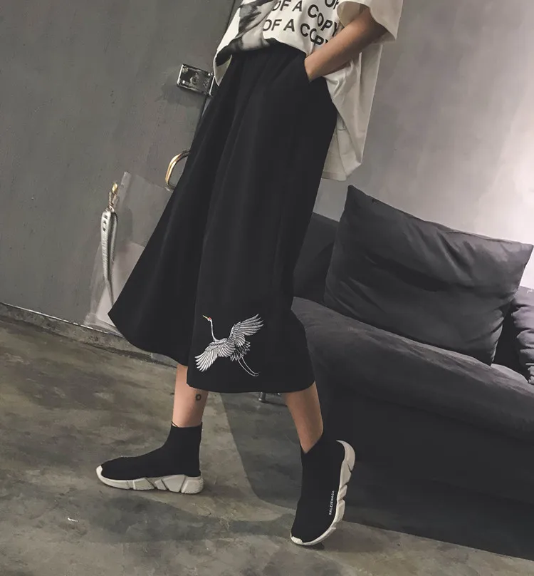 Summer Harajuku Japansk Retro Kran Udskrive Høj Talje Elastik Bred Ben Bukser Streetwear Beskåret Bukser College Mænd Og Kvinder