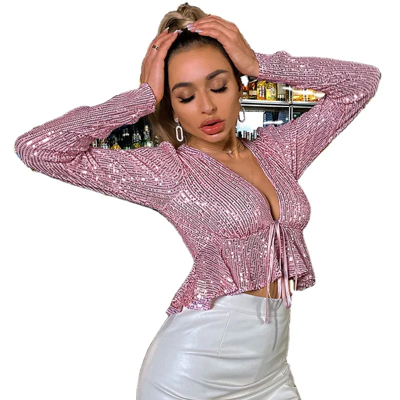 Kvinder Sexy Toppe Bluse Mode Afslappet Pjusket Solid Farve Sequined Kort Top Shirt med V-hals Top Damer Blusas Mujer De Moda 2021
