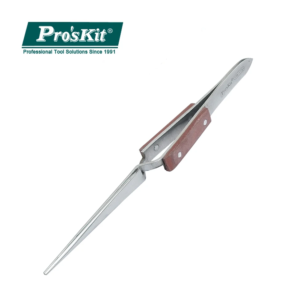 Pro'sKit 1PK-118T Træ-varmeisolering Håndtag i Rustfrit Stål Tynd Skarpe Rebound Pincet Præcision Reparation Bearbejdning Værktøj
