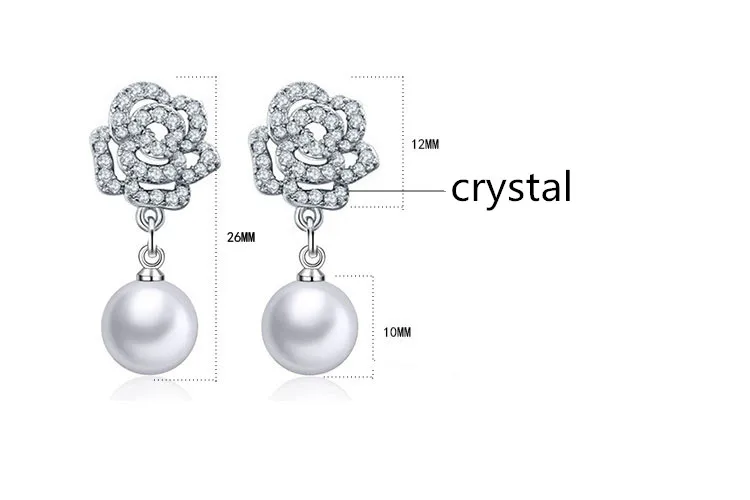 TJP Luksus Krystal Rose Kvindelige Dråbe Øreringe Smykker Top Kvalitet 925 Sølv Perle Øreringe Til Kvinder Bruden Bryllup Tilbehør