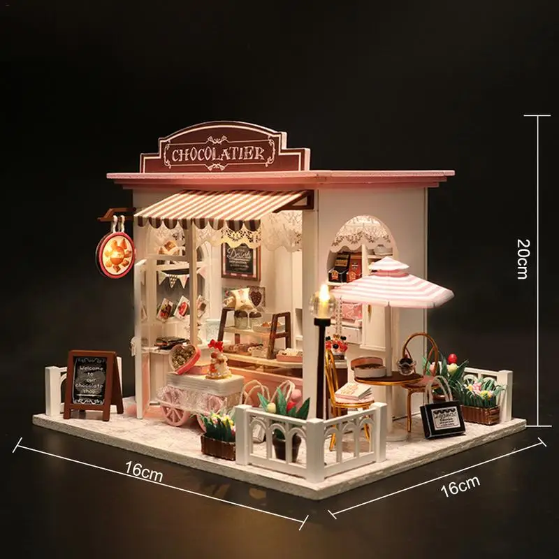 DIY Samlet Sommerhus Med LED-Lys Chokolade Butik Simulering Doll House Children ' s Room Decoration Uden smudsomslag