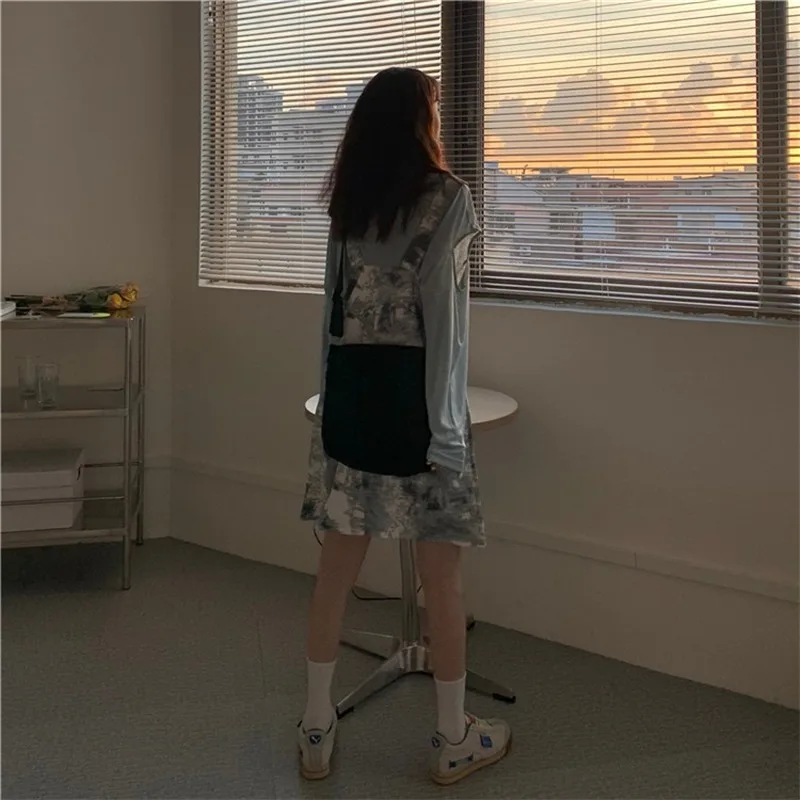 Kvinder Sætter Tie-dye Hul Hofteholder Løs Retro Harajuku Streetwear Stilfulde Ulzzang Fritid Hip-hop Smarte Kvindelige Elegante Daglige Ins
