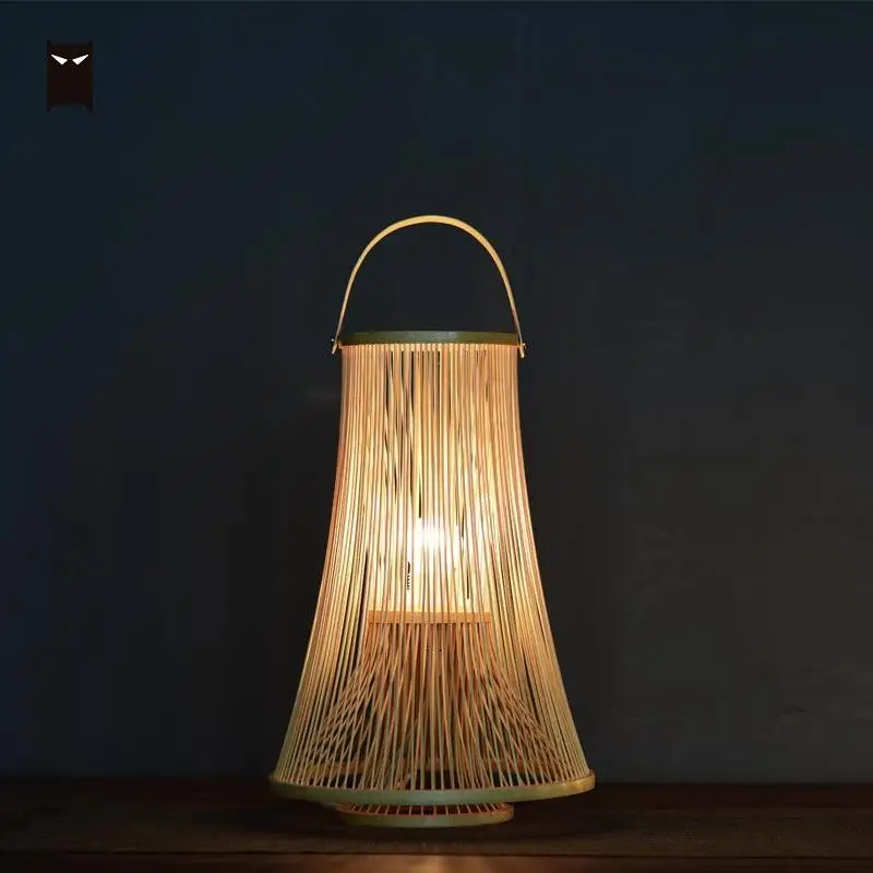 Bambus, Rattan Flet Lanterne Skygge Bord lampe, Japansk Kinesisk Naturlige Lampe Nat Stående Belysning i Soveværelset ved siden af Sengen