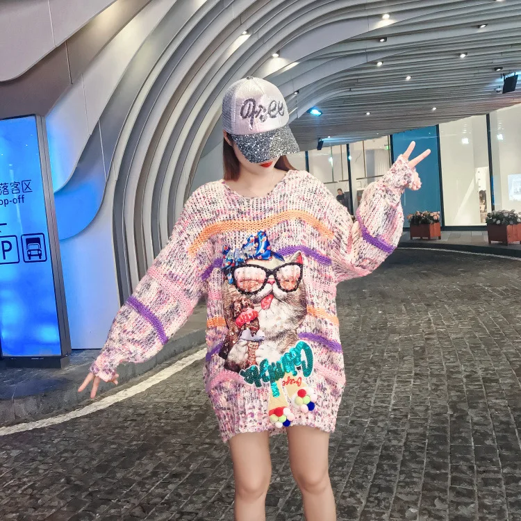 Net red Europæiske station Thailand street fashion spoof kat stereo beaded paillet bolden løs i stor størrelse hoved sweater