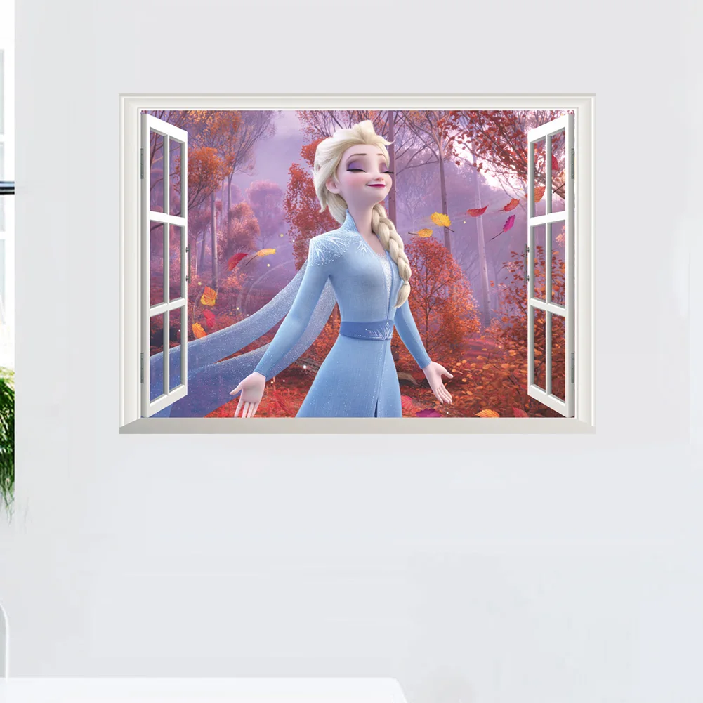 Levende Tegnefilm Disney Frosne 2 Elsa Anna 3D Vindue Wall Stickers Til børneværelset Soveværelse DIY vægdekoration Prinsesse filmplakater