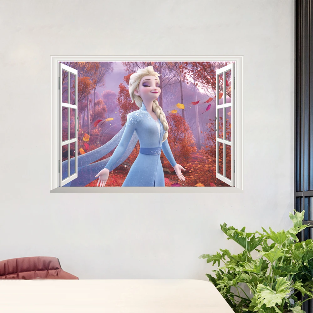 Levende Tegnefilm Disney Frosne 2 Elsa Anna 3D Vindue Wall Stickers Til børneværelset Soveværelse DIY vægdekoration Prinsesse filmplakater
