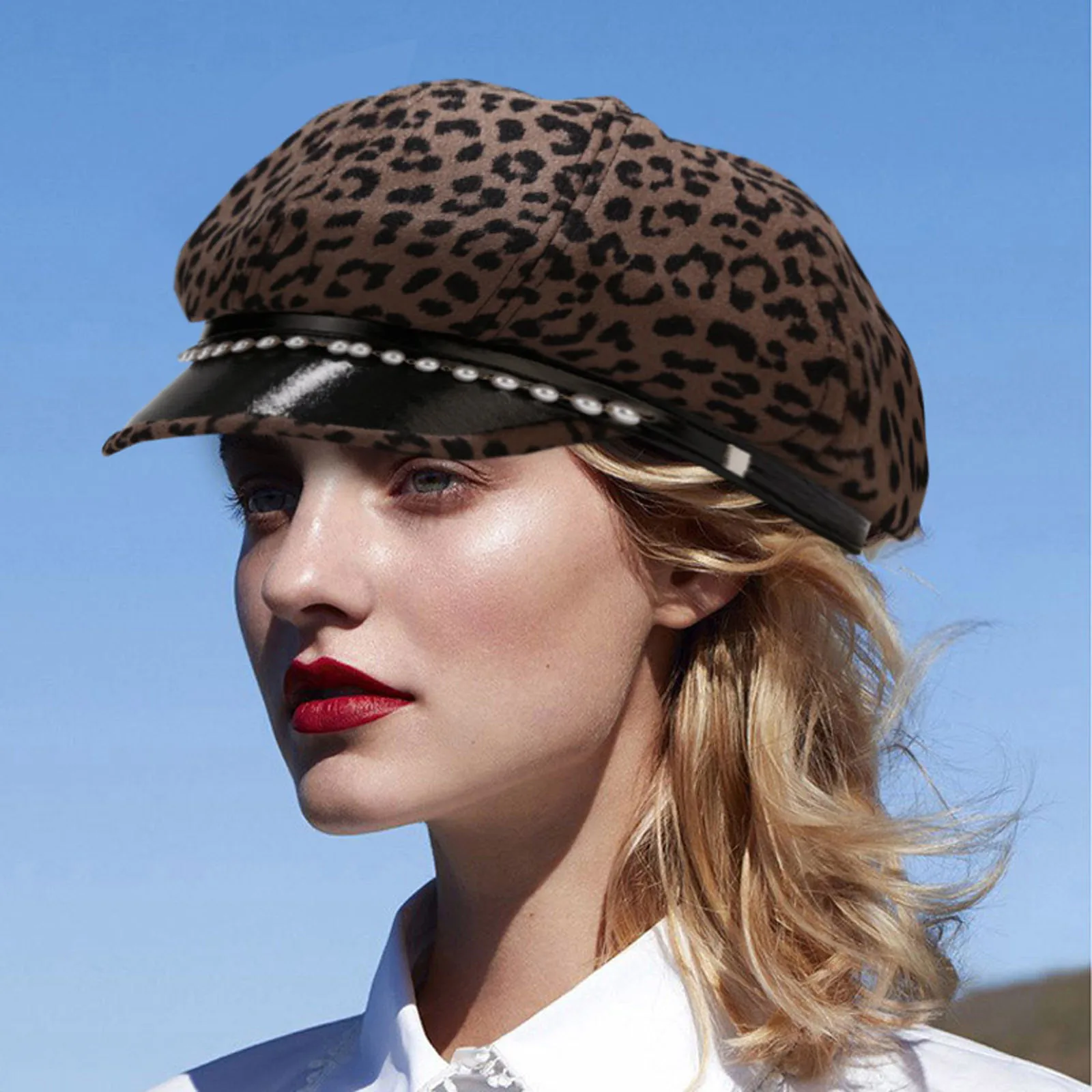Ottekantet Hat Efterår Og Vinter Leopard Hat Uldne Beret Perler Cap Fashion Kvinder Hat Navy Hatte Piger Beret Hat Dame Slouchy Hatte