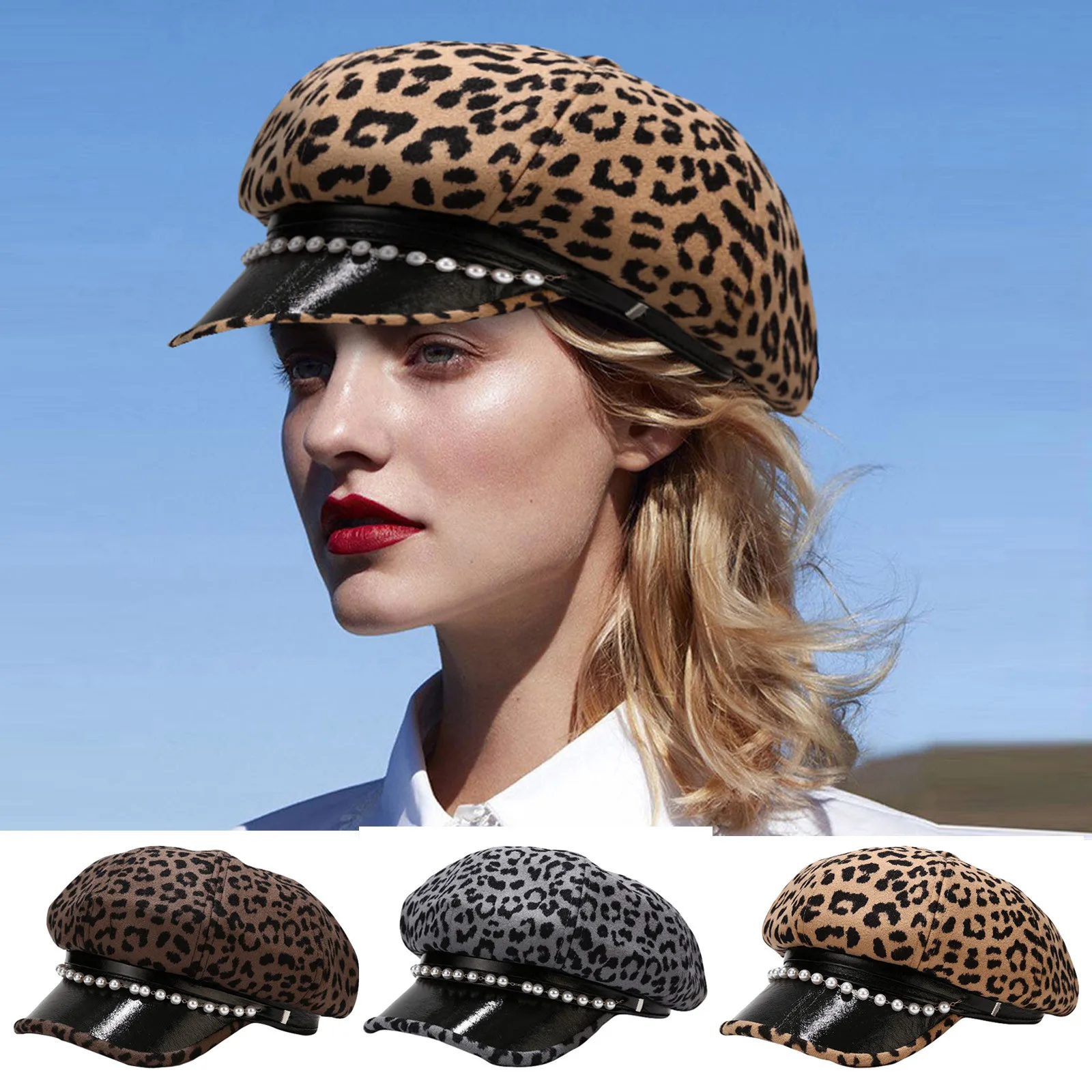 Ottekantet Hat Efterår Og Vinter Leopard Hat Uldne Beret Perler Cap Fashion Kvinder Hat Navy Hatte Piger Beret Hat Dame Slouchy Hatte