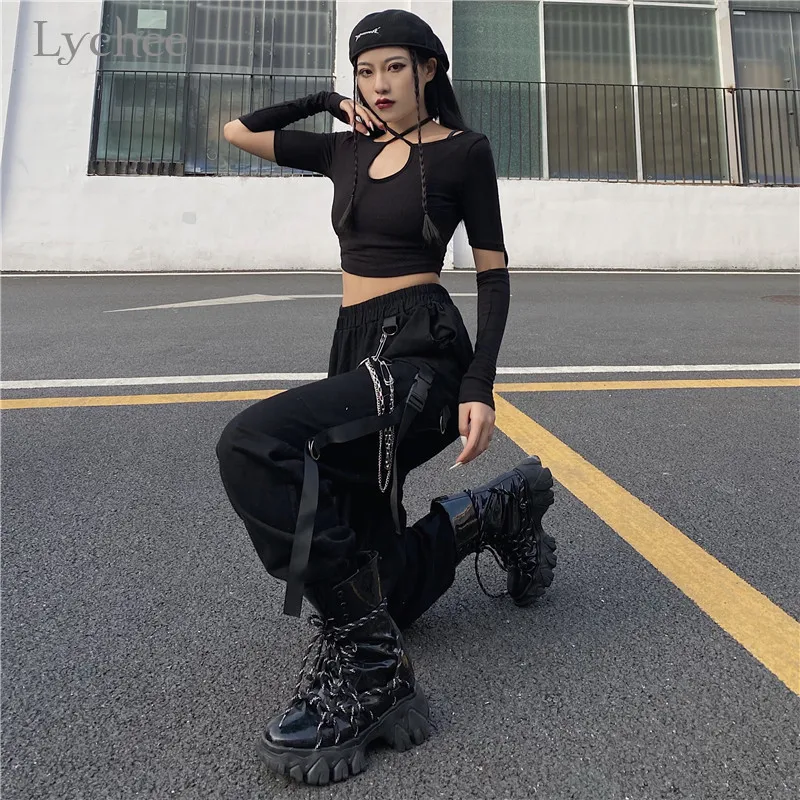 Lychee Harajuku Sort Ensfarvet Kvinder Cargo Bukser Kæde Casual Løs Lange Bukser Efteråret Hip Hop Bukser