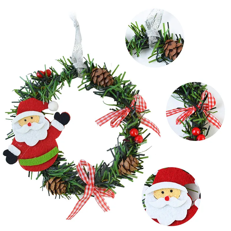 13cm Mini PVC Jul Krans DIY Xmas Ornament med Santa Claus Elk Snemand Kugler Jul Krans Garland Dekorationer