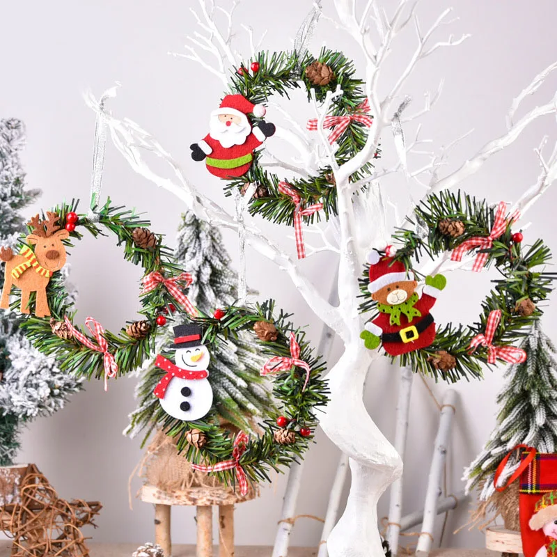 13cm Mini PVC Jul Krans DIY Xmas Ornament med Santa Claus Elk Snemand Kugler Jul Krans Garland Dekorationer