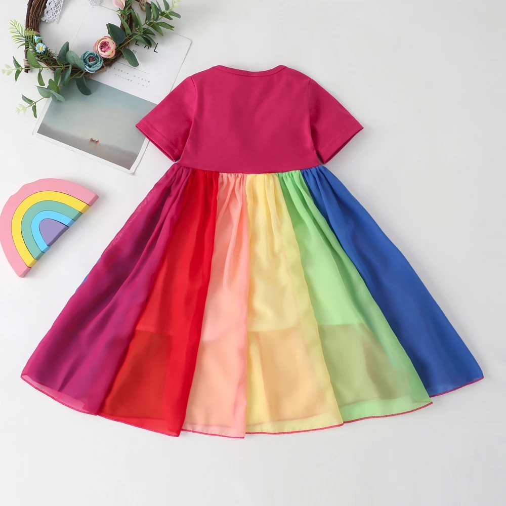 2020 Nye Baby Pige Bomuld Mode Regnbue Korte Ærmer Farve Blok Farverige Party Kjoler til Børn Prinsesse Kids Dress 1-7years