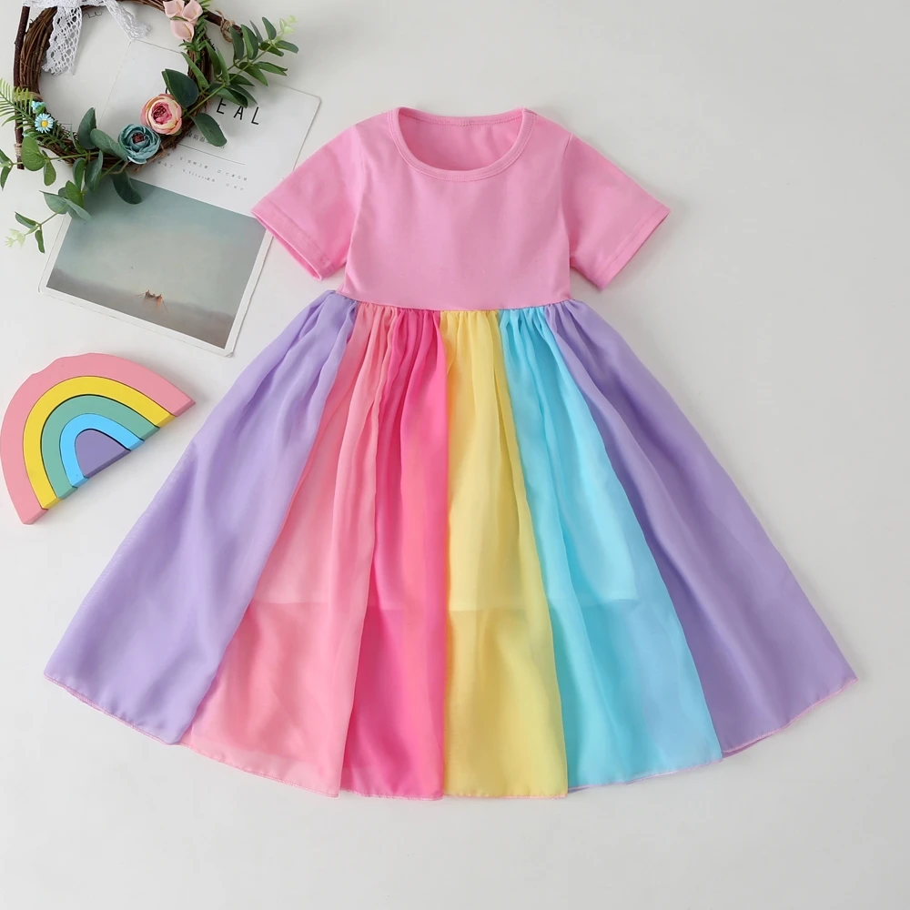 2020 Nye Baby Pige Bomuld Mode Regnbue Korte Ærmer Farve Blok Farverige Party Kjoler til Børn Prinsesse Kids Dress 1-7years