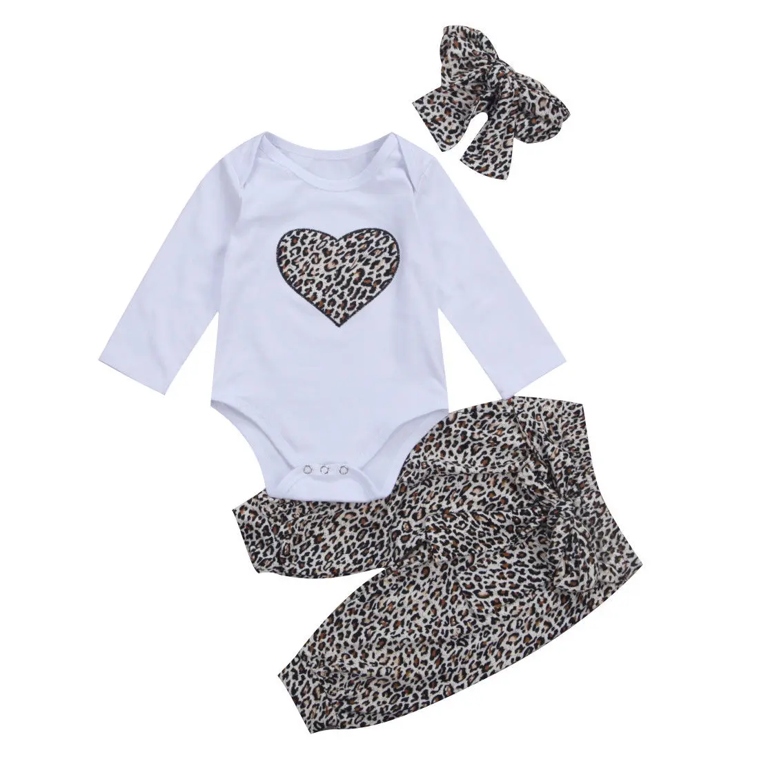 2020 Nye Falde Efteråret 0-24M Spædbarn Baby Piger 3stk Sæt Hjerte Form med Leopard Print langærmet Body+Lange Bukser+Pandebånd Outfit
