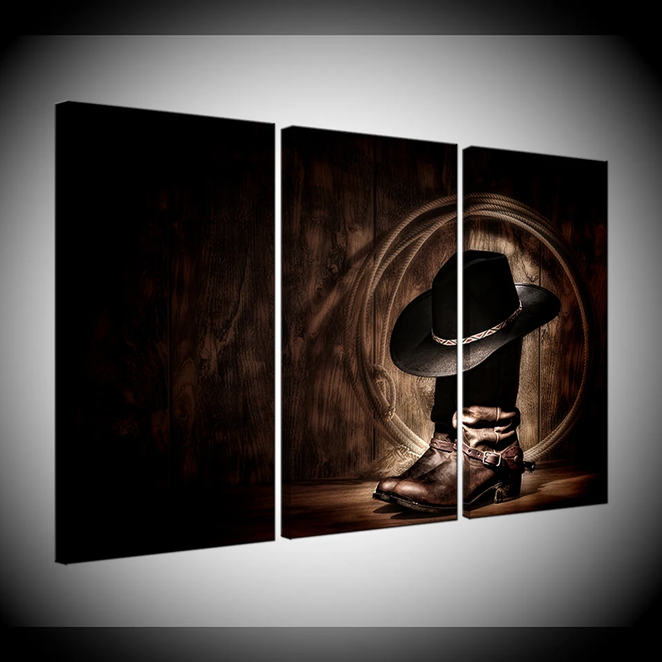 Moderne hjem decor 3 stk modulære lærred, plakat cowboy hat i læder sko billede HD udskrivning lærred soveværelse væg kunst billede