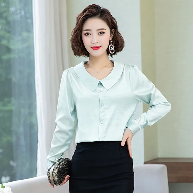 Foråret koreansk Mode Silke Kvinder Bluser Satin Solid Dame Toppe og Bluser Plus Størrelse XXXL Pink langærmet Shirts Kvinder