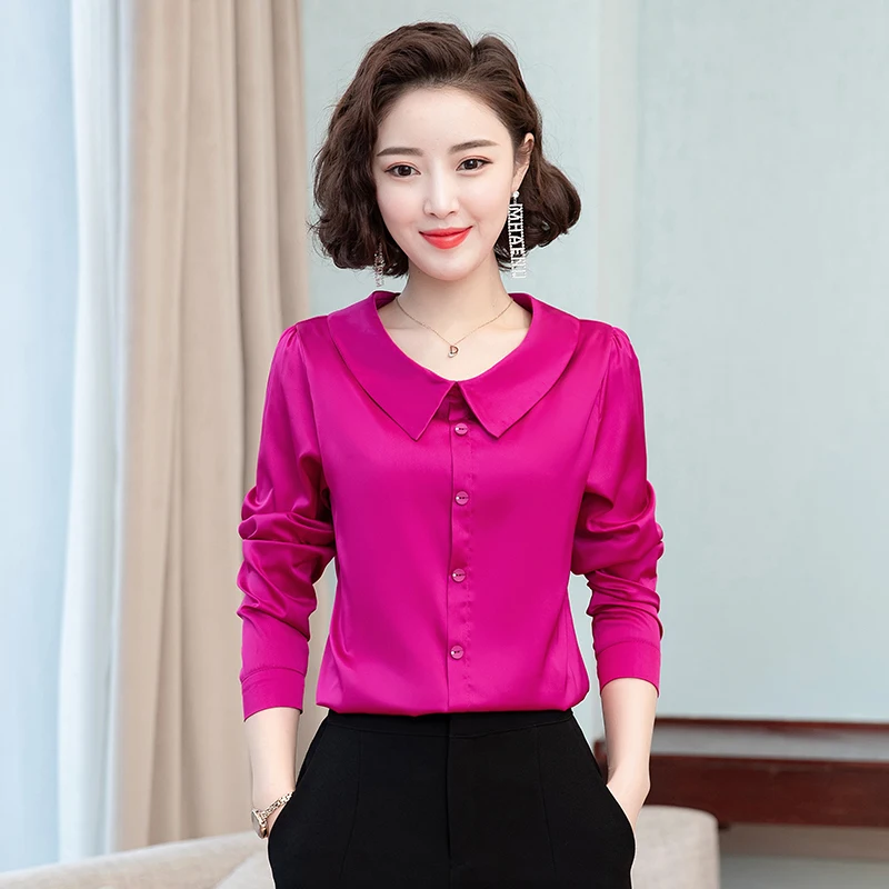 Foråret koreansk Mode Silke Kvinder Bluser Satin Solid Dame Toppe og Bluser Plus Størrelse XXXL Pink langærmet Shirts Kvinder