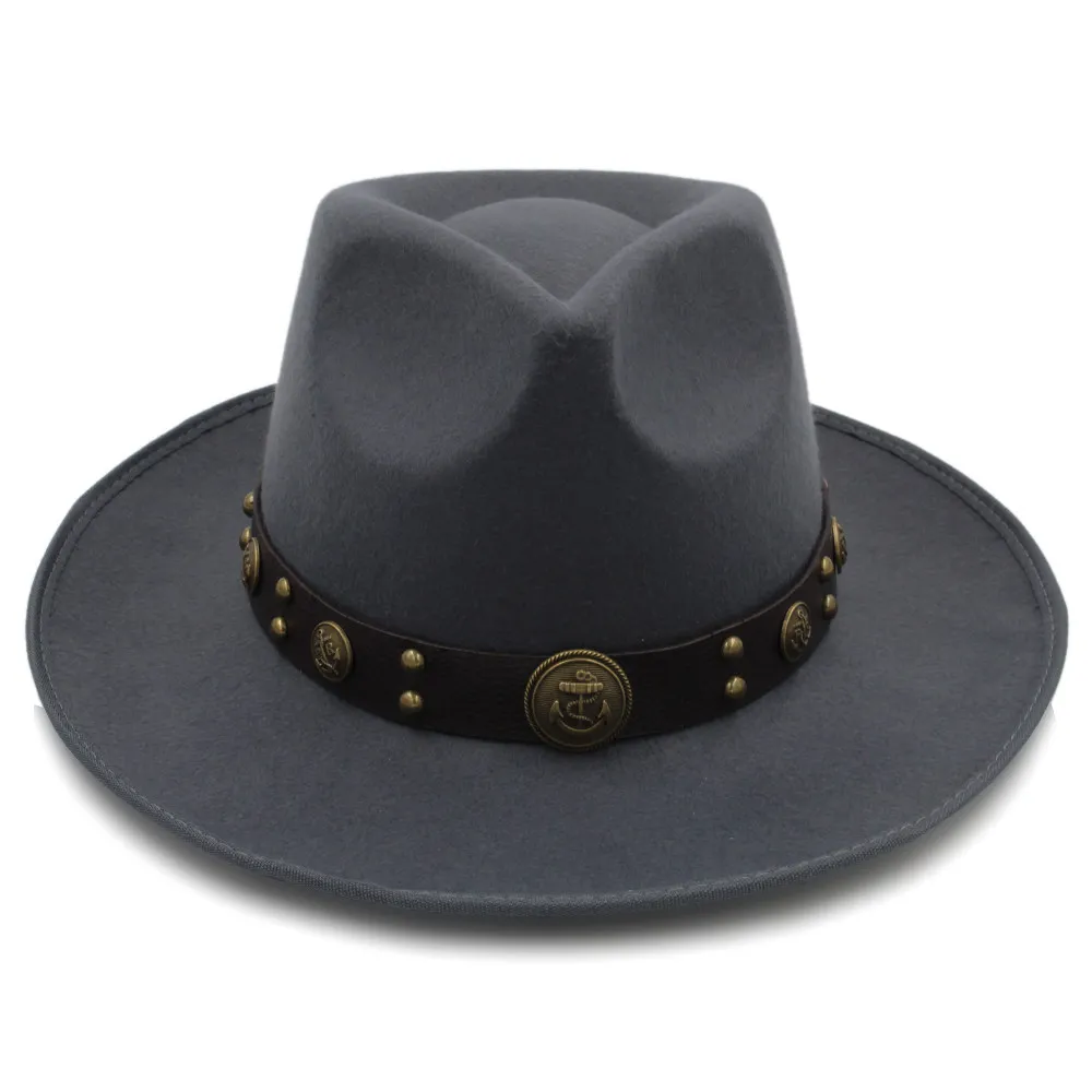 Mænd Følte sig Fedora Hat med Bred Skygge Jazz Hat Herre Sombrero Far Kirke Hat Steampunk Bælte Størrelse 58cm