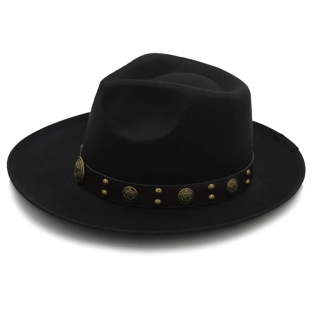 Mænd Følte sig Fedora Hat med Bred Skygge Jazz Hat Herre Sombrero Far Kirke Hat Steampunk Bælte Størrelse 58cm