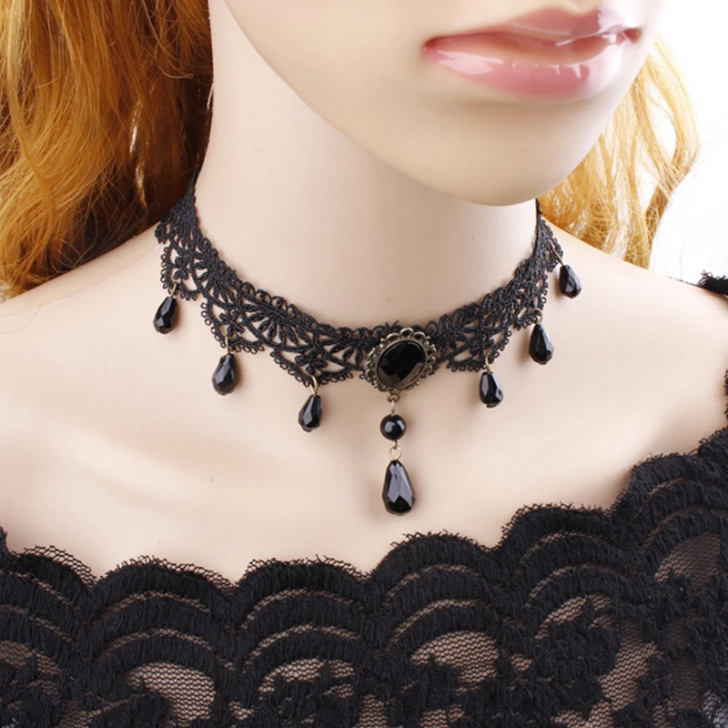 Vintage Gotiske Chokers Crystal Black Lace Hals Vedhæng Sexet Viktoriansk Kvinder Halskæde Kæde Smykker Til Kvinder цепи чокер