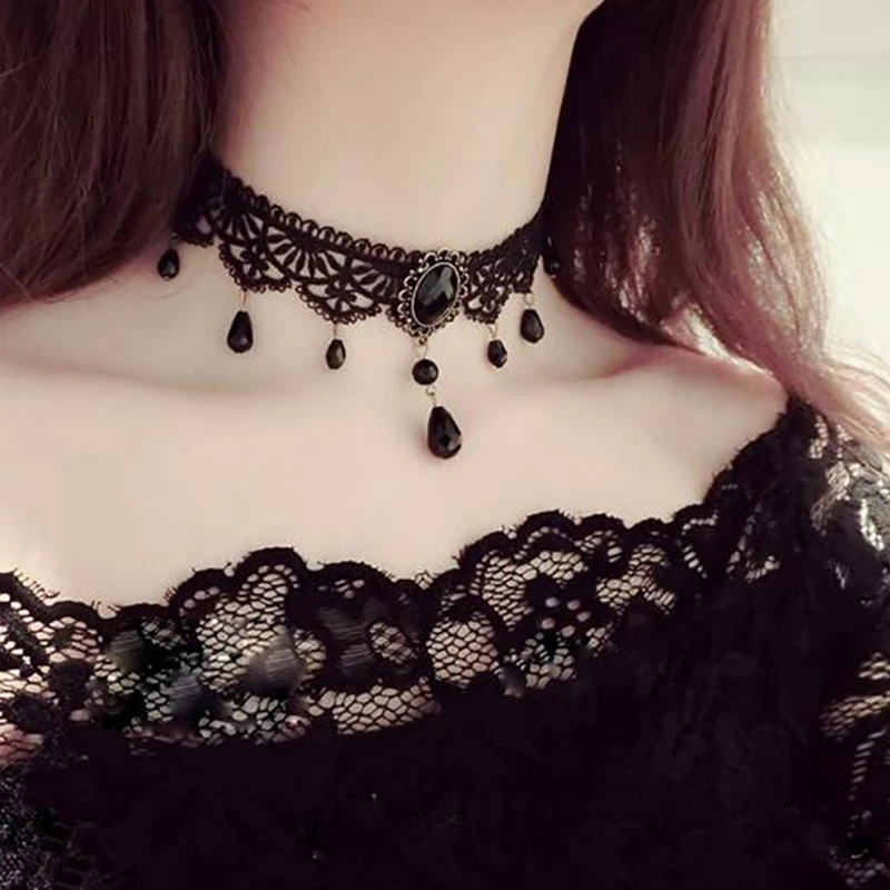 Vintage Gotiske Chokers Crystal Black Lace Hals Vedhæng Sexet Viktoriansk Kvinder Halskæde Kæde Smykker Til Kvinder цепи чокер