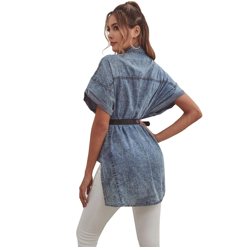 Europa-American Nye Mode Tøj til Kvinder Sommeren Hot Sælger Retro Pocket Denim Short Sleeve Shirt