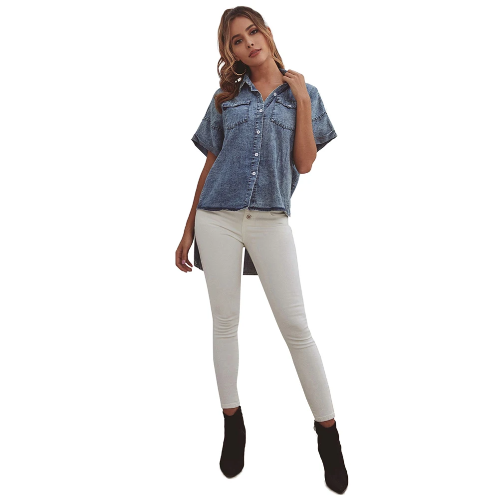 Europa-American Nye Mode Tøj til Kvinder Sommeren Hot Sælger Retro Pocket Denim Short Sleeve Shirt