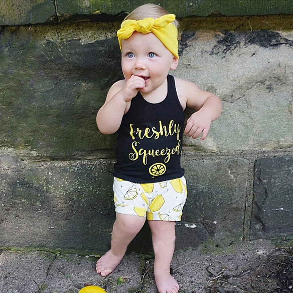 Toddler Baby Brev Print Vest Toppe+Citron Print Shorts+Pandebånd Outfits Sæt sommer dragt til piger menino sommer tøj til drenge