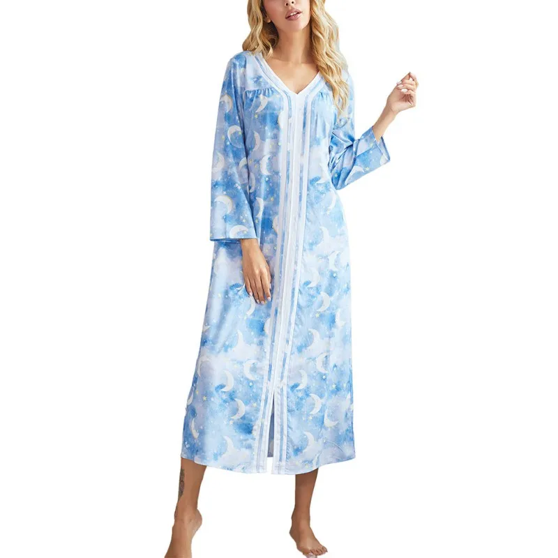 Foråret Damer Trykt Midi Nightdress Løs Afslappet langærmet Nightgowns for Kvinder Nattøj Homewear