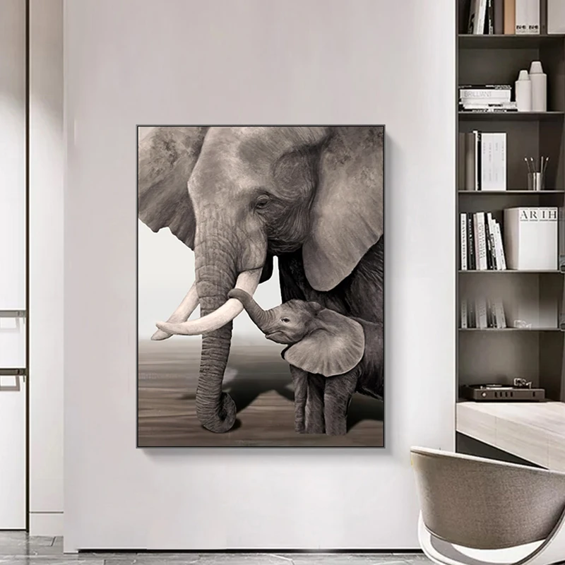 Plakat Elefant Mor og Barn Dyr Lærred Maleri Væg Kunst, Natur Hjem Dekoration til stuen og Soveværelset Rammeløse