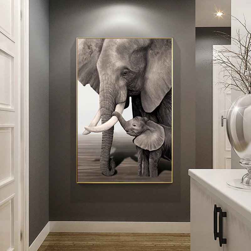 Plakat Elefant Mor og Barn Dyr Lærred Maleri Væg Kunst, Natur Hjem Dekoration til stuen og Soveværelset Rammeløse