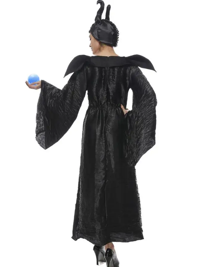 Gratis Forsendelse Film Maleficent Cosplay Kostume, Heks Onde Dronning Sort Lang Kjole Halloween outfit med hoved stykke
