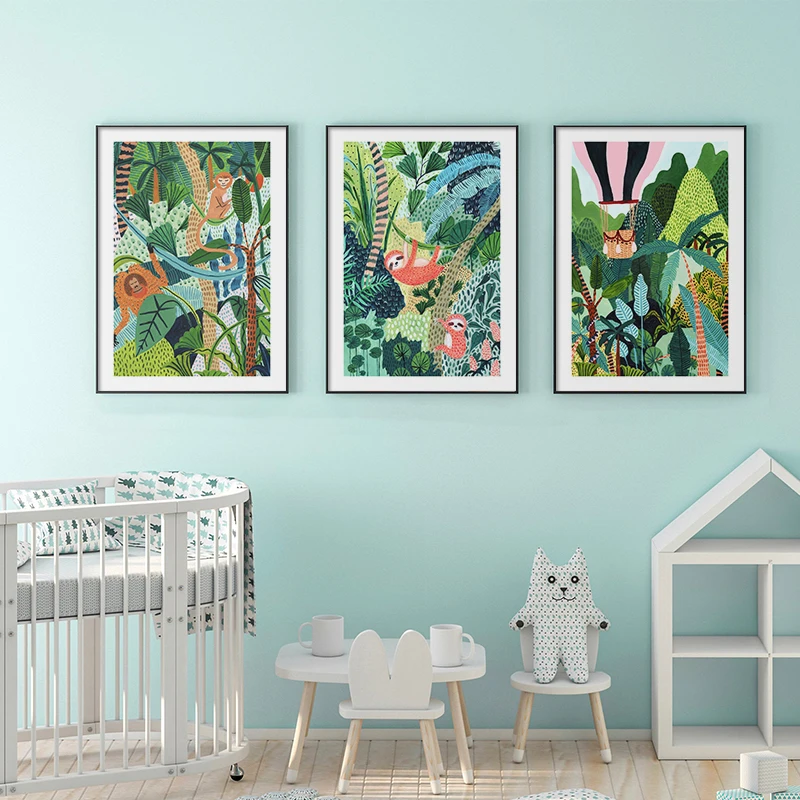 Dyr Ballon Abe, Tiger Plakat Multi-farve Lærred Print Kunst på væggene Maleri Nordiske Børn Dekoration Billede Baby Room Decor