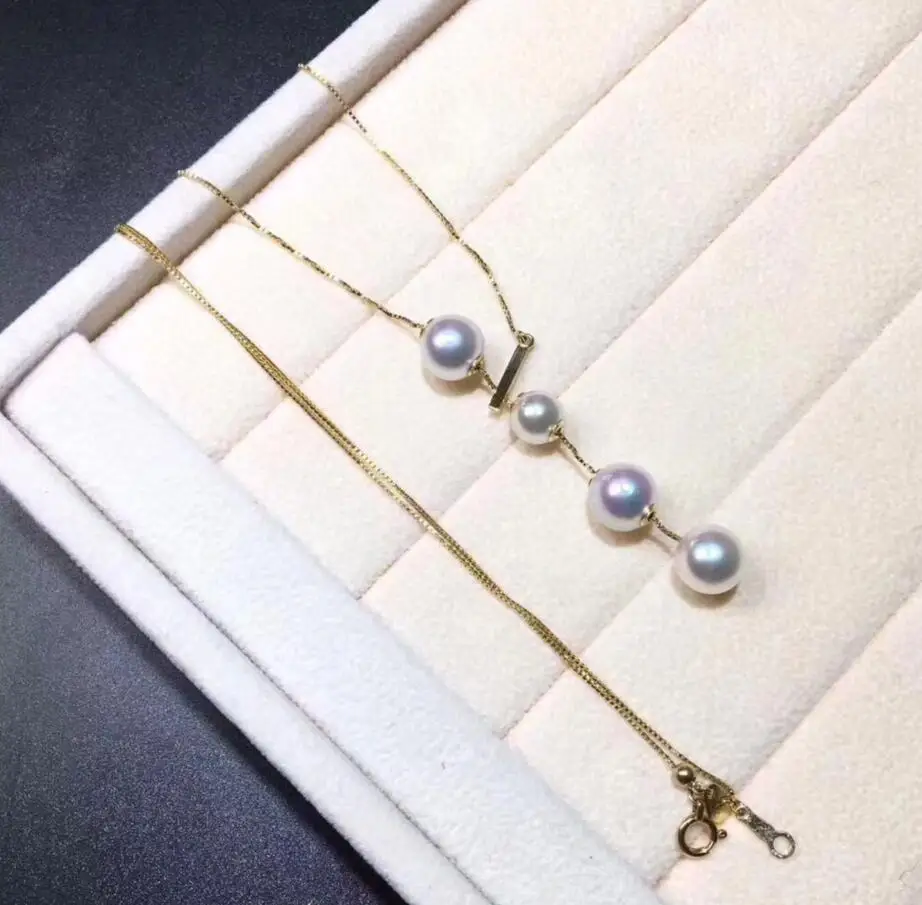 Gratis forsendelse >>>>ædle smykker naturlige 6-7mm 8-9mm Akoya hvid perle halskæde vedhæng i 18K Guld justerbar