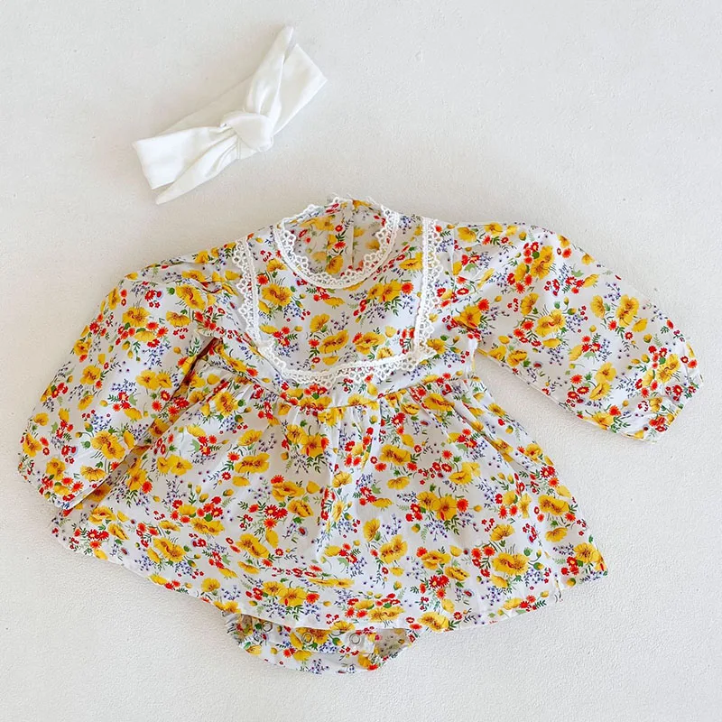 Nye 2020 Spædbarn Baby Piger Gule Blomster Udskrivning Rompers Tøj Foråret Efteråret Kids Pige Langærmet Rompers Tøj