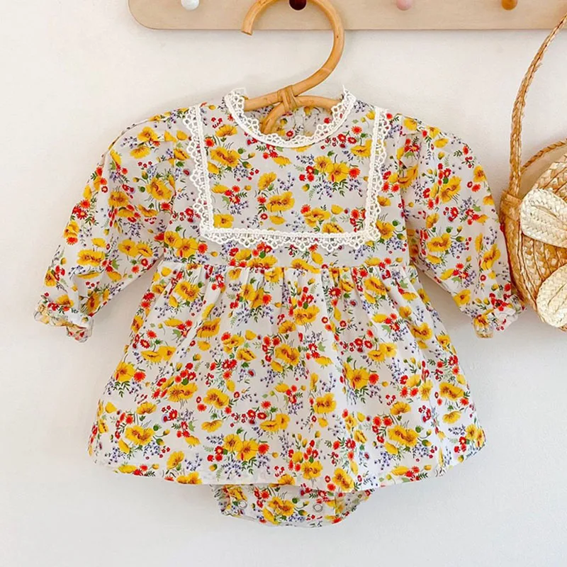Nye 2020 Spædbarn Baby Piger Gule Blomster Udskrivning Rompers Tøj Foråret Efteråret Kids Pige Langærmet Rompers Tøj